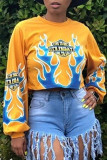 Yellow Fashion Street Print Patchwork O Neck Tops