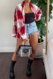 Red Casual Plaid Patchwork Turndown Collar Tops