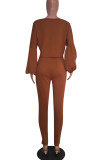 Brown Casual Solid Patchwork O Neck Long Sleeve Two Pieces
