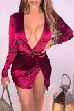 Pink Fashion Sexy Solid Split Joint V Neck Wrapped Skirt Dresses