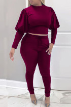 Burgundy Casual Solid Split Joint O Neck Long Sleeve Two Pieces