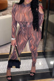 Multicolor Fashion Sexy Print Bandage O Neck Skinny Jumpsuits