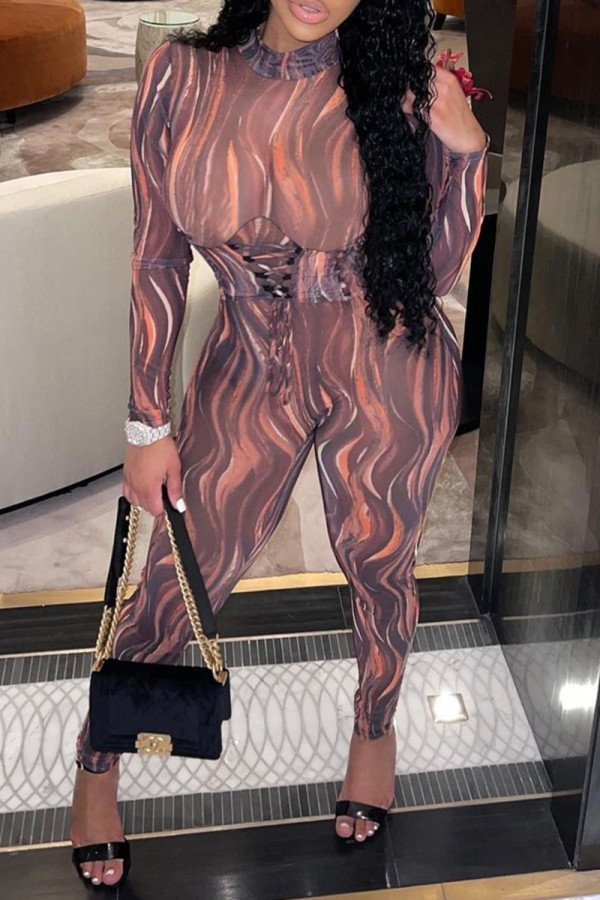 Multicolor Fashion Sexy Print Bandage O Neck Skinny Jumpsuits