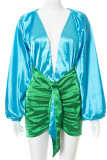 Turquoise Fashion Sexy Solid Frenulum Asymmetrical V Neck Long Sleeve Two Pieces