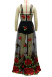 Black British Style Embroidery Patchwork See-through Spaghetti Strap Straight Dresses