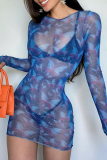 Blue Sexy Butterfly Print Patchwork O Neck Pencil Skirt Dresses
