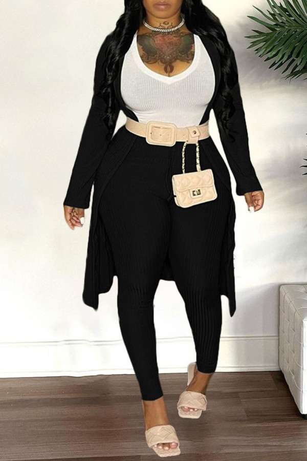 Black Fashion Casual Solid Patchwork V Neck Long Sleeve Three Pieces
