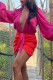 Rose Red Fashion Sexy Solid Frenulum Asymmetrical V Neck Long Sleeve Two Pieces