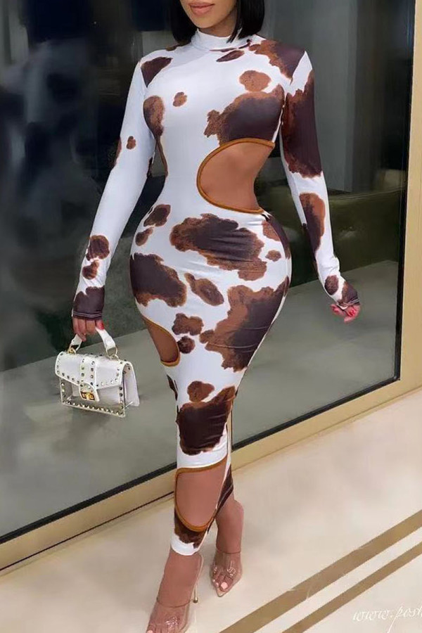 Multicolor Sexy Print Hollowed Out Patchwork O Neck Pencil Skirt Dresses