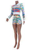 Colour Fashion Casual Print Patchwork Zipper Collar Long Sleeve Two Pieces