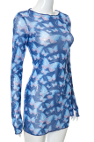 Blue Sexy Butterfly Print Patchwork O Neck Pencil Skirt Dresses