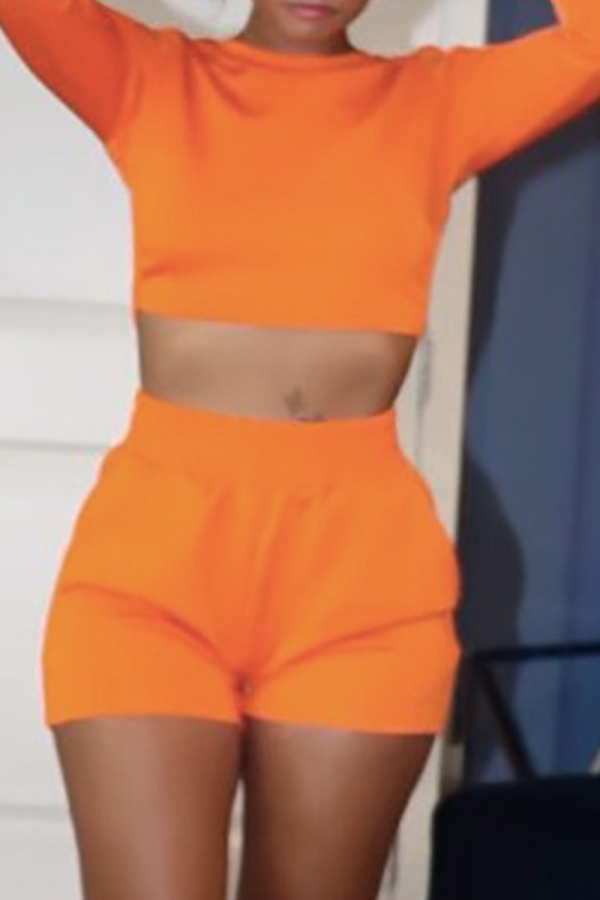 Orange Sexy Solid Backless O Neck Long Sleeve Two Pieces
