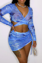 Blue Sexy Print Split Joint V Neck Long Sleeve Two Pieces