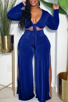 Royal Blue Fashion Casual Solid Slit V Neck Long Sleeve Two Pieces