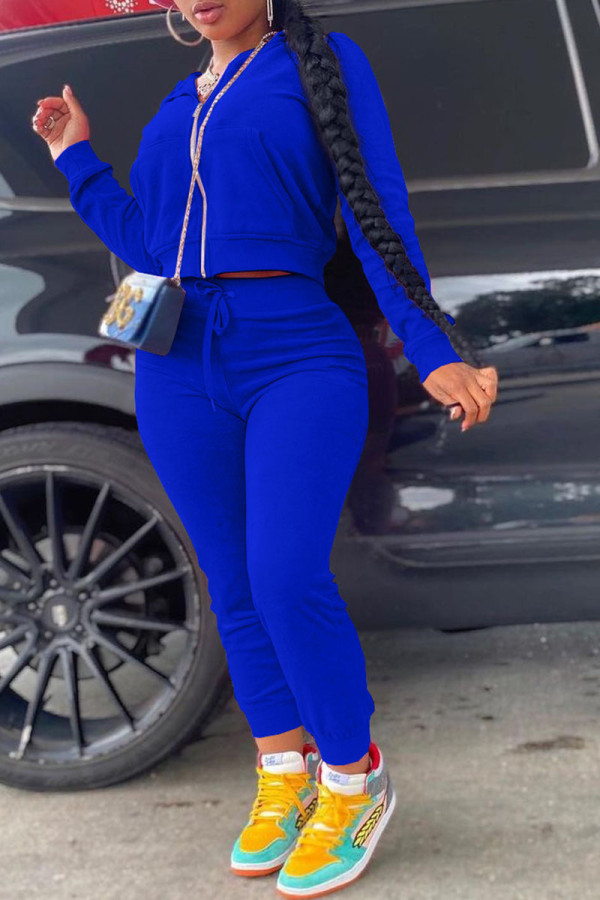 Blue Fashion Casual Solid Patchwork Hooded Collar Long Sleeve Two Pieces