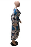 Blue Fashion Casual Print Basic V Neck Long Sleeve Dresses