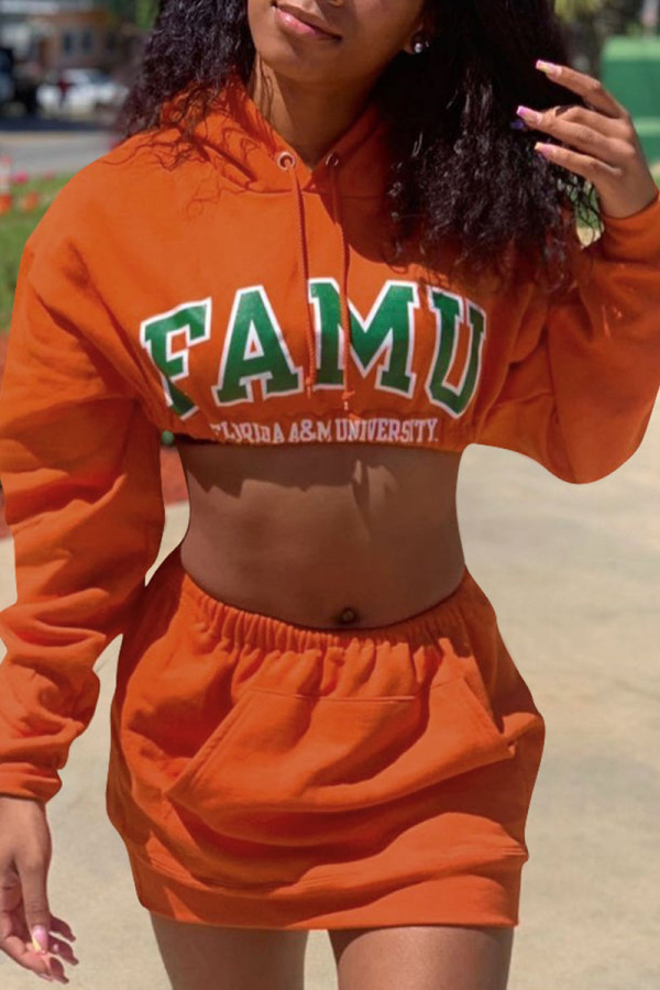 Orange Fashion Sportswear Print Patchwork Hooded Collar Long Sleeve Two Pieces
