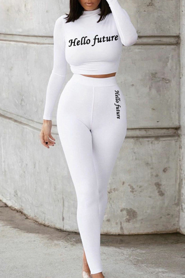 White Casual Print Patchwork Half A Turtleneck Long Sleeve Two Pieces