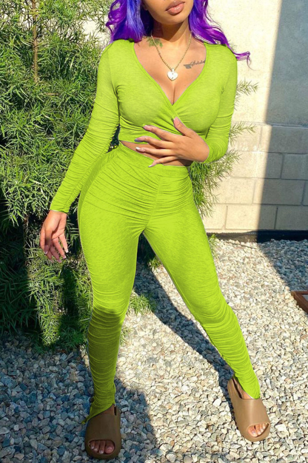 Fluorescent Green Fashion Casual Solid Slit Fold V Neck Long Sleeve Two Pieces