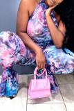 Pink Fashion Sexy Butterfly Print Backless Halter Skinny Jumpsuits