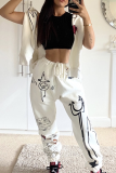 White Casual Print Patchwork Hooded Collar Long Sleeve Two Pieces