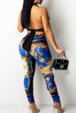 Blue Fashion Street Print Patchwork Mid Waist Pencil Bottoms