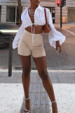 White Sexy Solid Bandage Turndown Collar Tops