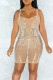 Apricot Sexy Solid Patchwork See-through Hot Drill Spaghetti Strap A Line Dresses