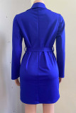Royal Blue Fashion Street Solid Split Joint Turn-back Collar Pencil Skirt Dresses