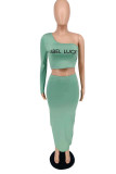 Green Sexy Casual Letter Print Backless Oblique Collar Long Sleeve Two Pieces