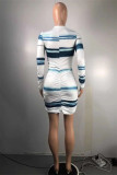 Blue Fashion Casual Print Fold O Neck Long Sleeve Dresses