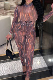 Multicolor Fashion Sexy Print Bandage O Neck Skinny Jumpsuits