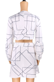 White Sexy Print Patchwork V Neck Long Sleeve Two Pieces