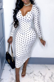 White Sexy Dot Patchwork V Neck Pencil Skirt Dresses