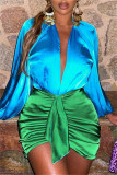 Turquoise Fashion Sexy Solid Frenulum Asymmetrical V Neck Long Sleeve Two Pieces