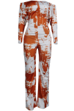 Orange Casual Patchwork Tie-dye Off the Shoulder Straight Jumpsuits