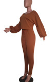 Brown Casual Solid Patchwork O Neck Long Sleeve Two Pieces