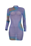 Blue Purple Fashion Sexy Print See-through Turtleneck Long Sleeve Dresses