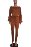 Brown Casual Solid Patchwork O Neck Long Sleeve Two Pieces