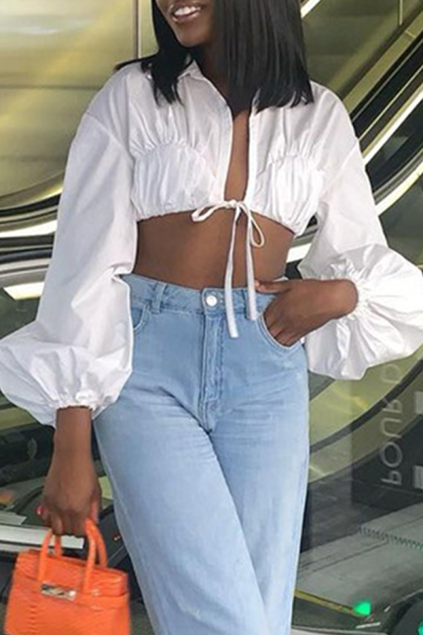 White Sexy Solid Bandage Turndown Collar Tops