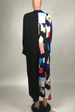 Black Casual Print Patchwork Turndown Collar Straight Dresses