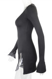 Black Fashion Sexy Solid Asymmetrical V Neck Long Sleeve Dresses