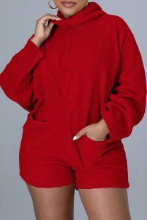Red Sexy Solid Patchwork Hooded Collar Rompers