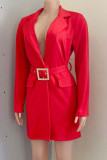 Rose Red Fashion Street Solid Split Joint Turn-back Collar Pencil Skirt Dresses