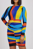 Colour Sexy Print Patchwork O Neck Pencil Skirt Dresses
