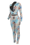 Peacock Blue Fashion Casual Print Cardigan Turndown Collar Long Sleeve Two Pieces
