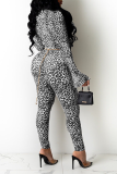 Leopard Print Sexy Animal Print Patchwork Long Sleeve Two Pieces