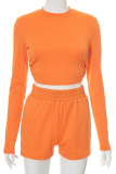 Pink Sexy Solid Backless O Neck Long Sleeve Two Pieces