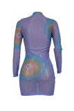 Blue Purple Fashion Sexy Print See-through Turtleneck Long Sleeve Dresses