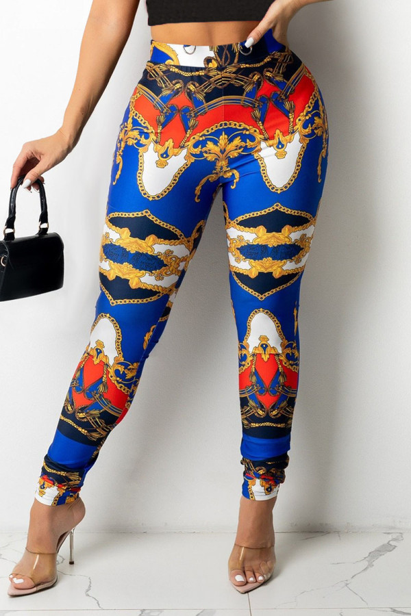 Blue Fashion Street Print Patchwork Mid Waist Pencil Bottoms